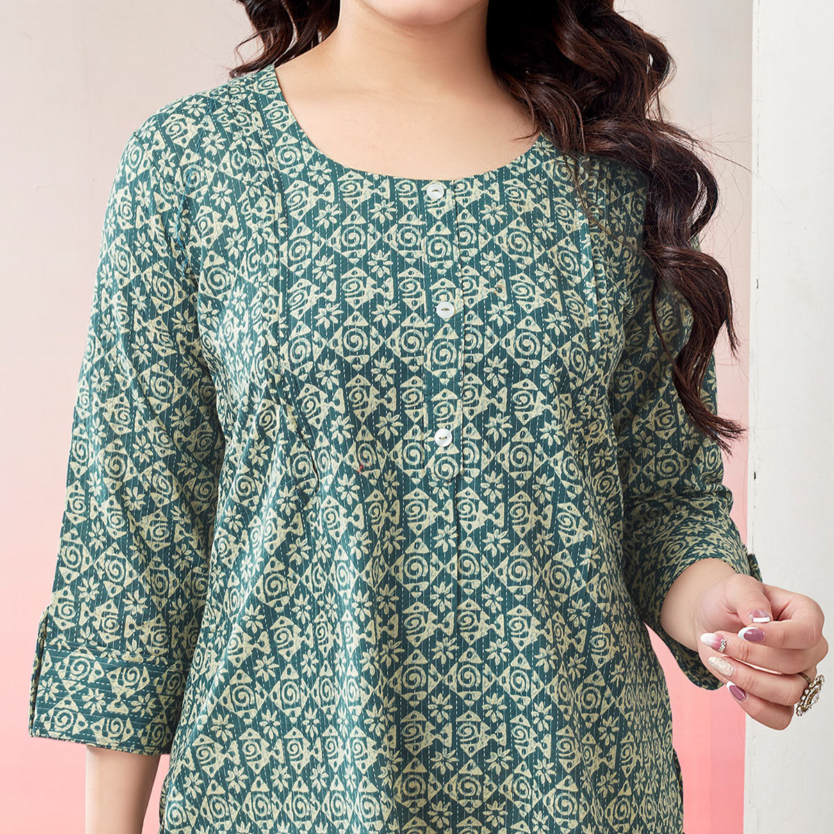 Green Printed Pure Cotton Straight Top