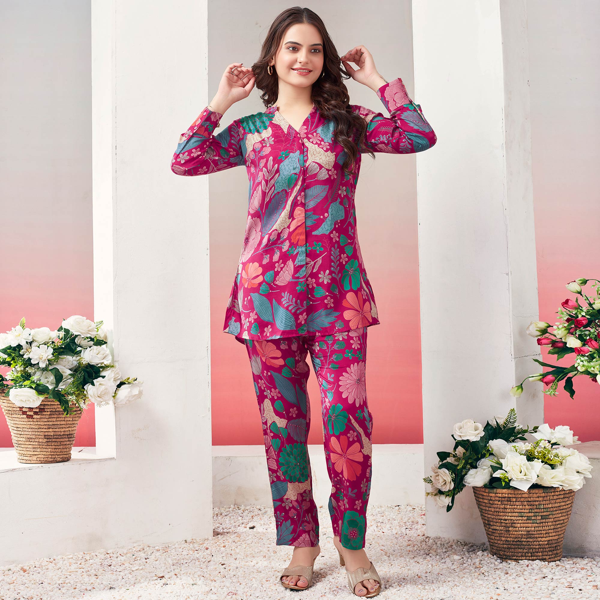 Pink Floral Printed Muslin Co Ord Set