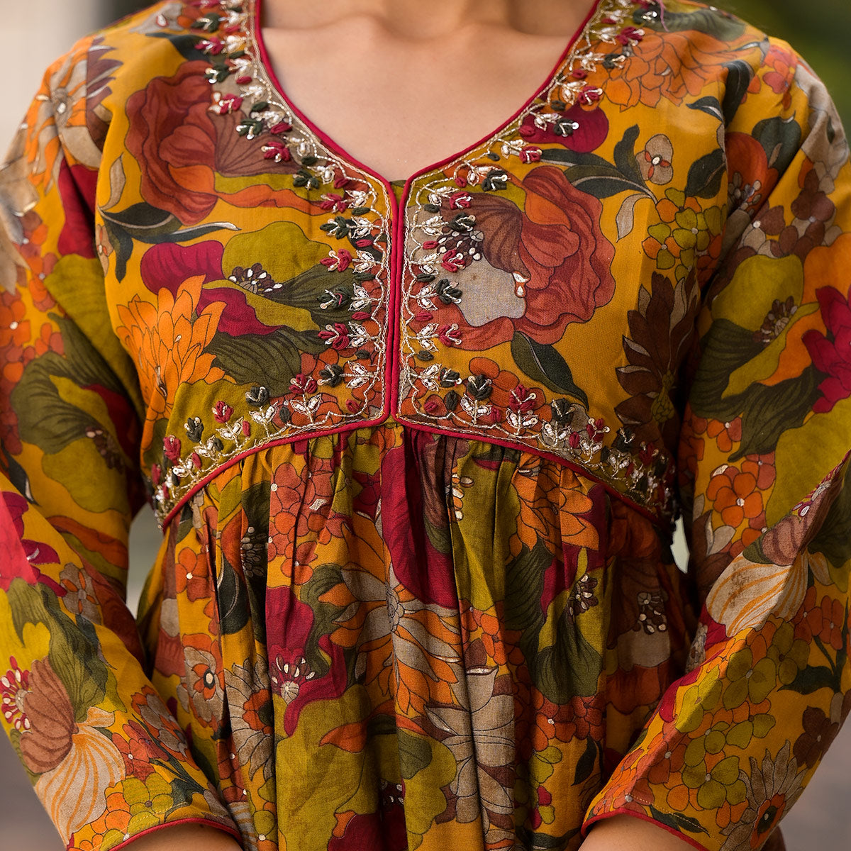 Mustard Floral Foil Printed Chanderi Silk Sharara Suit