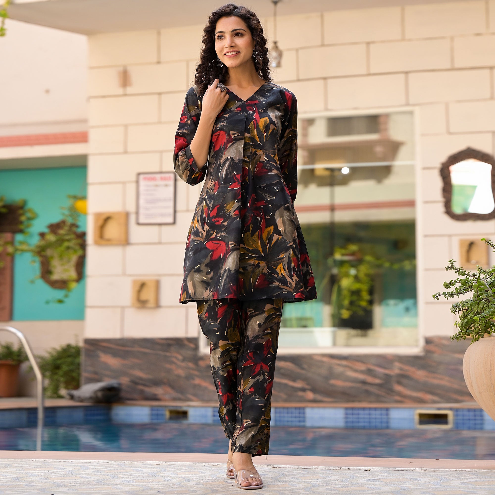 Black Floral Printed Chanderi Silk Co Ord Set