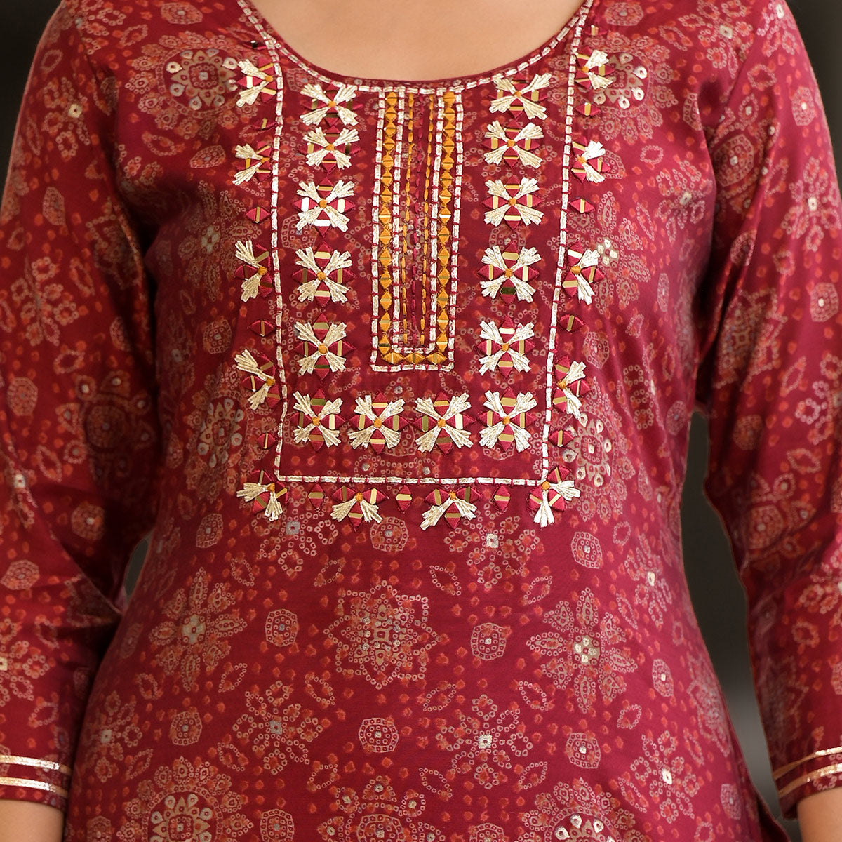 Red Bandhani Printed Chanderi Silk Straight Salwar Suit