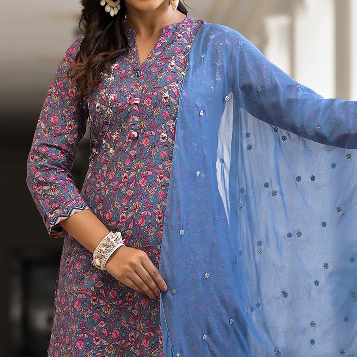 Blue Floral Printed Pure Cotton Straight Salwar Suit