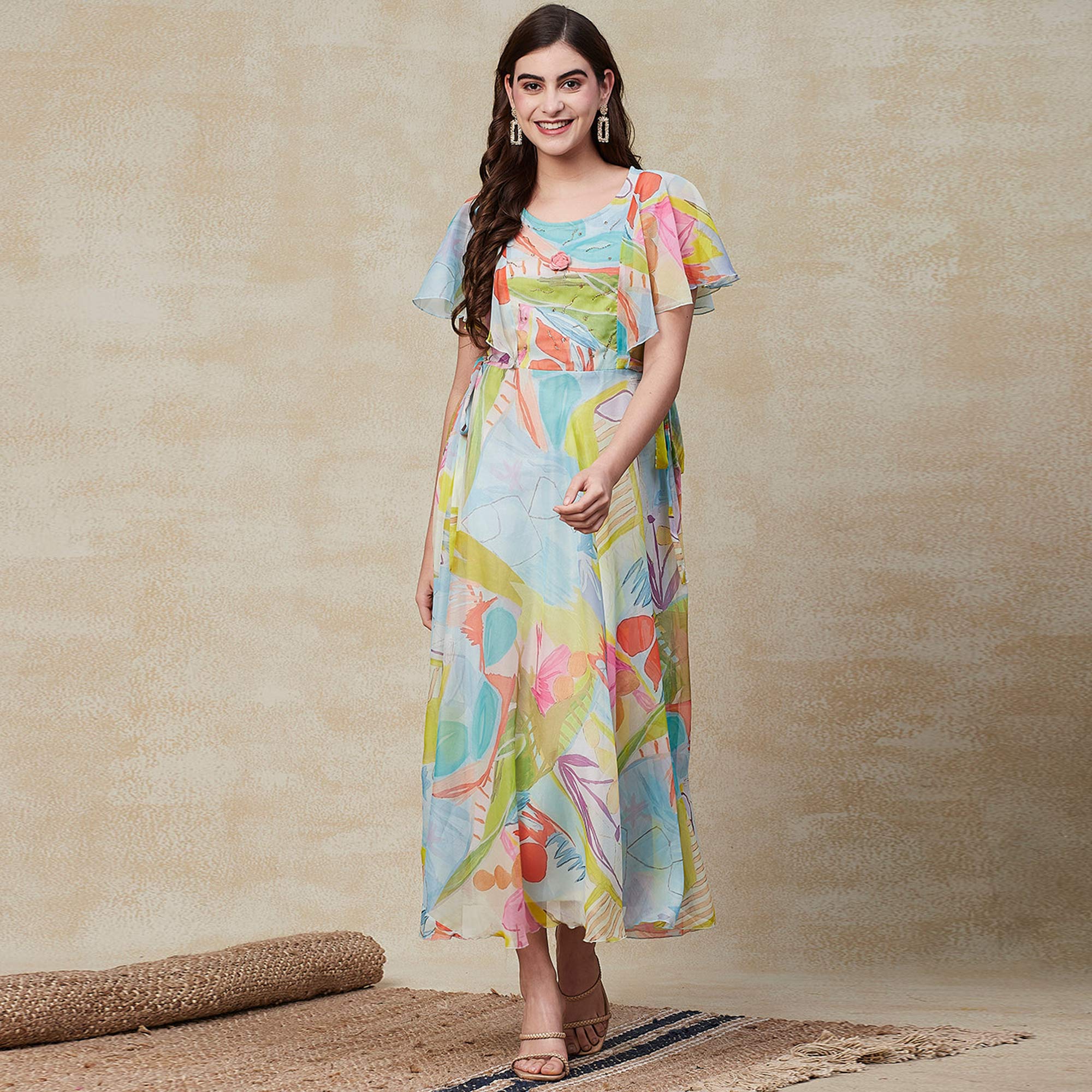 Sky Blue Printed A-Line Flared Maxi Dress
