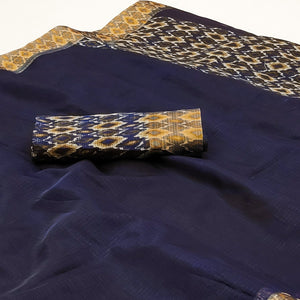 Navy Blue Printed Pure Cotton Saree