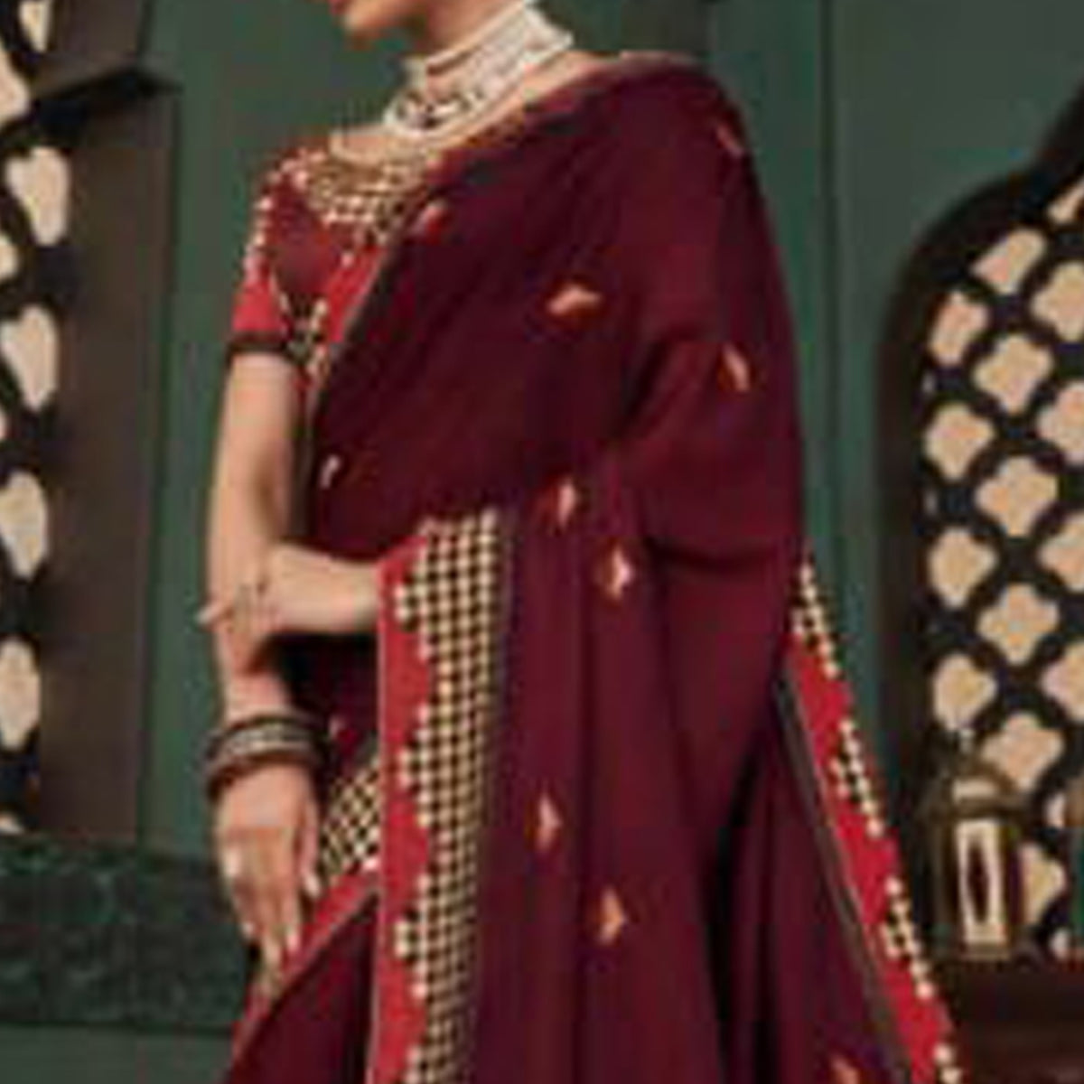 Maroon Embroidered Satin Saree