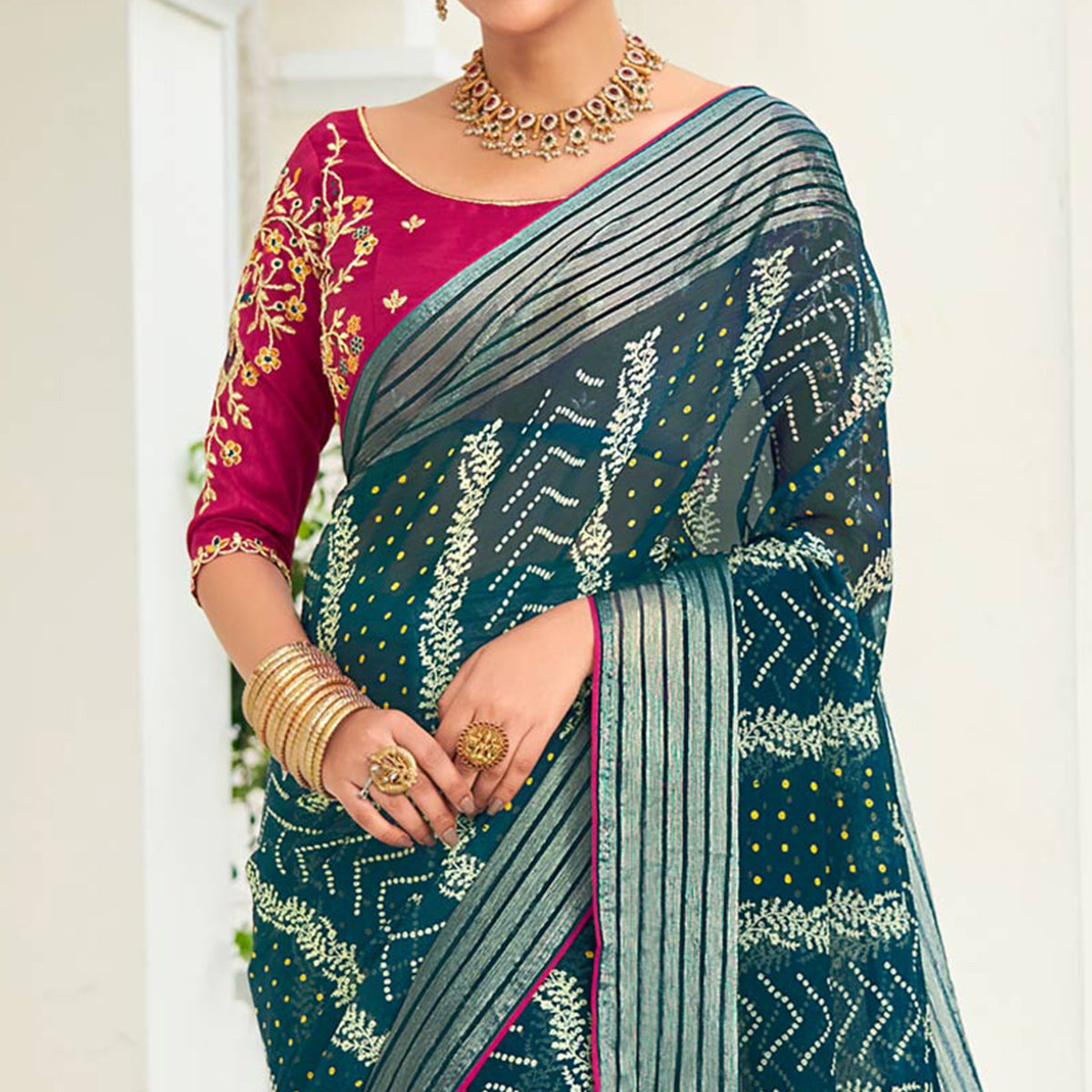 Teal Bandhani Printed Chiffon Saree With Tassels