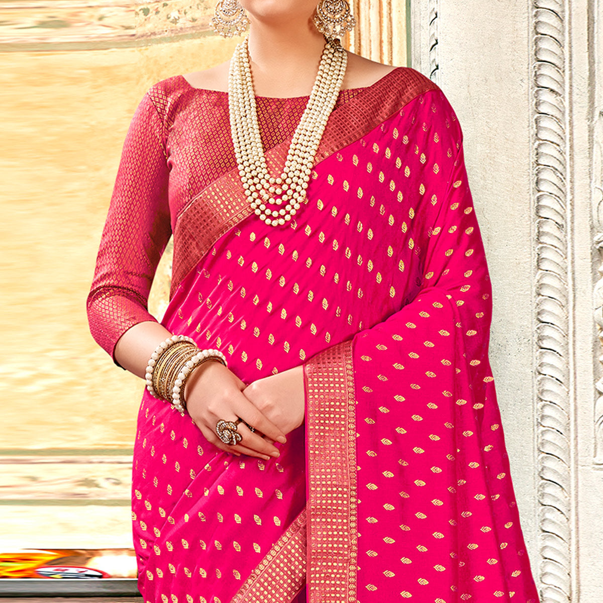 Pink Foil Printed Vichitra Silk Saree