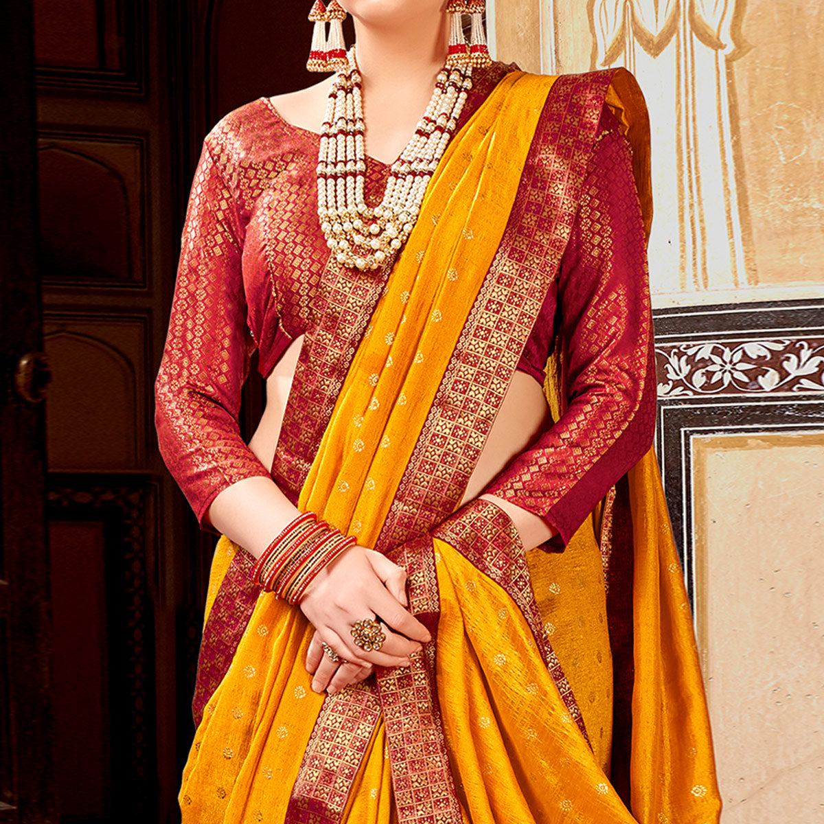 Mustard Foil Printed Vichitra Silk Saree