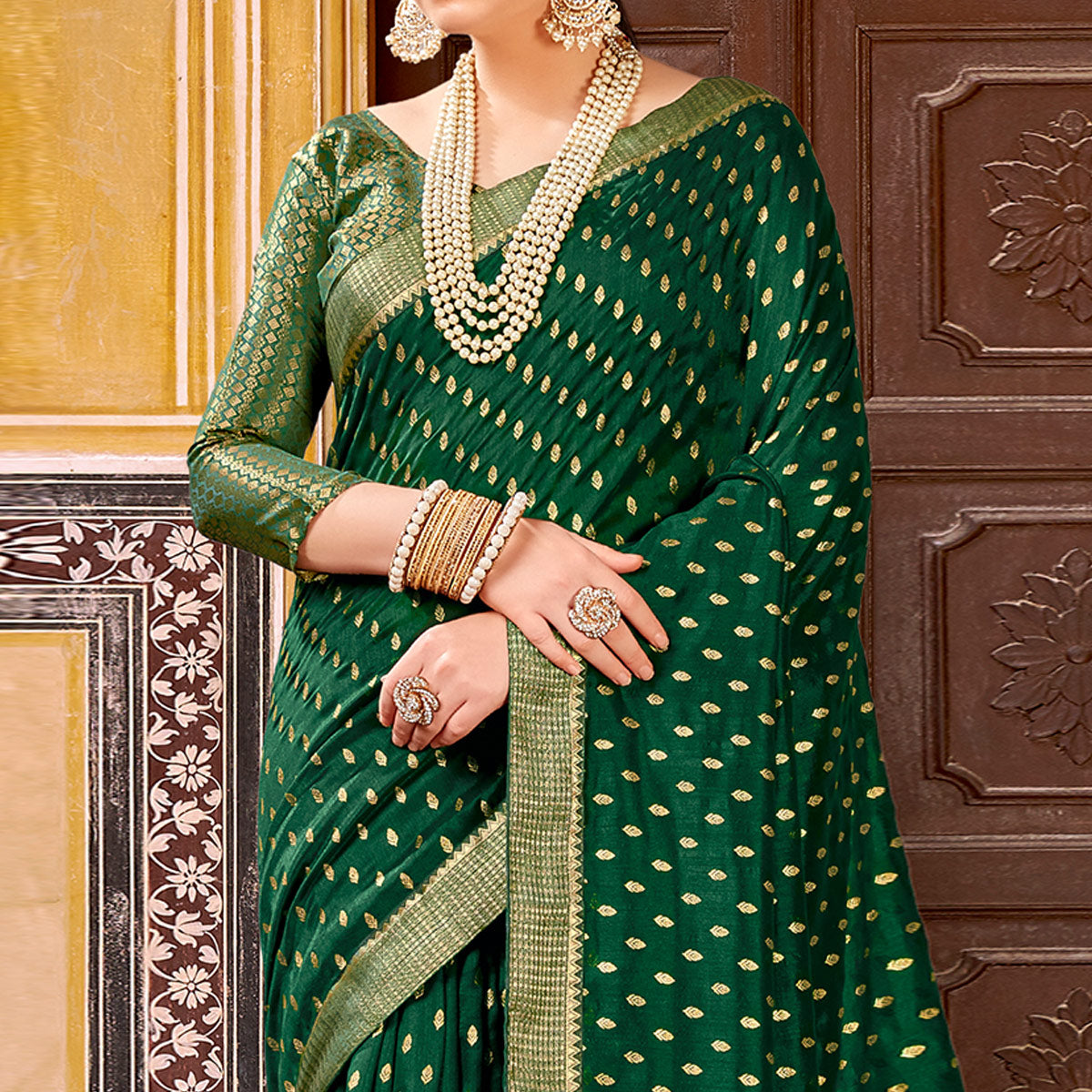 Green Foil Printed Vichitra Silk Saree