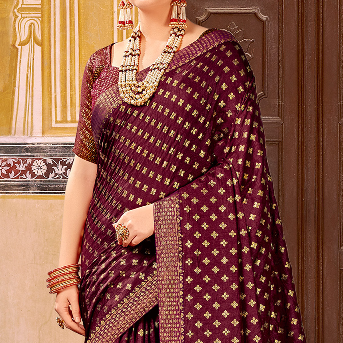 Wine Foil Printed Vichitra Silk Saree