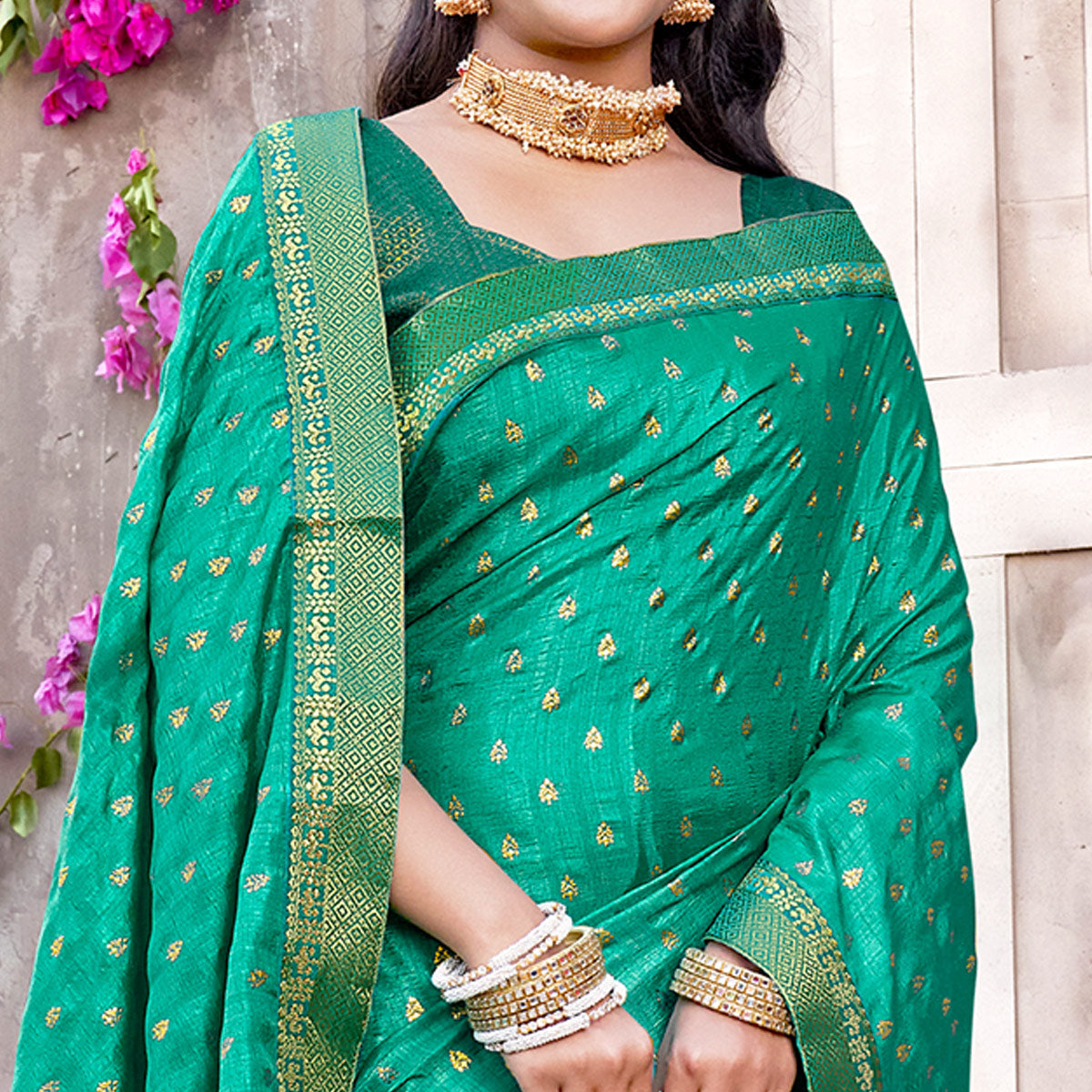 Rama Green Floral Foil Printed Vichitra Silk Saree