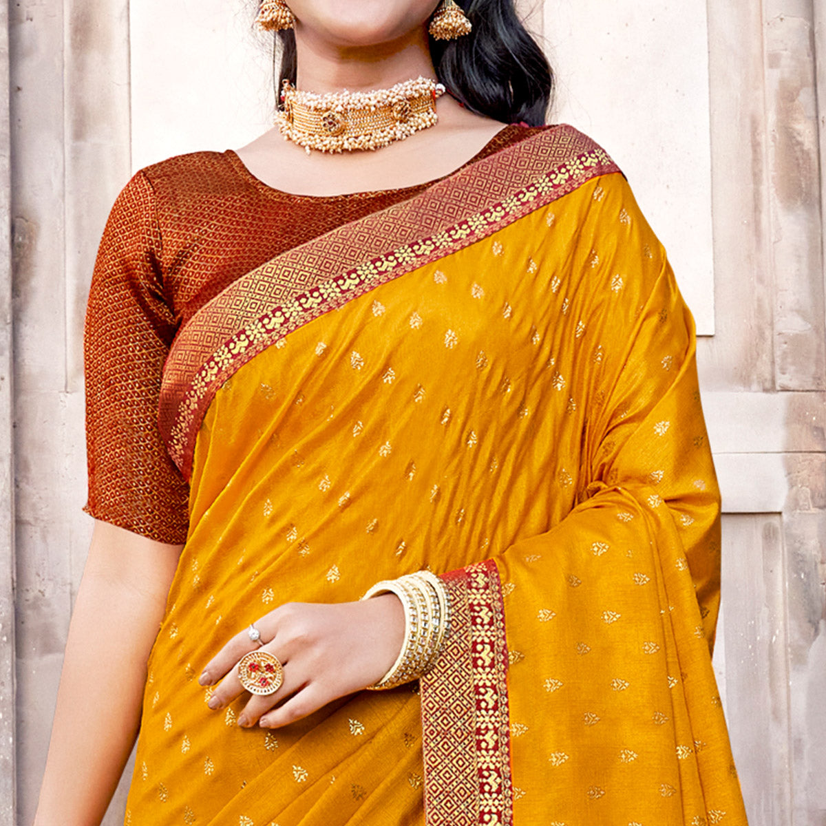 Mustard Floral Foil Printed Vichitra Silk Saree