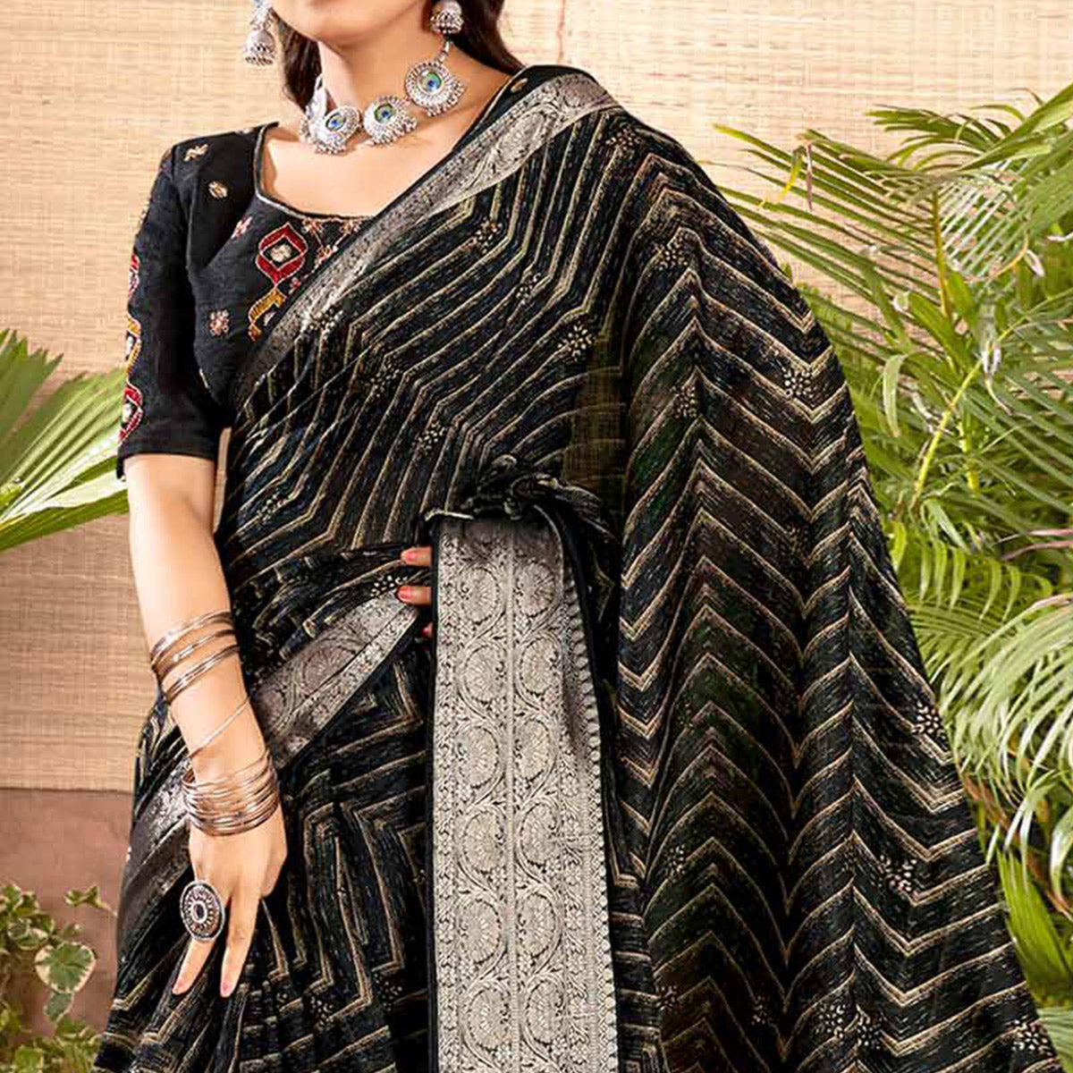 Black Zari Printed Cotton Silk Saree With Tassels