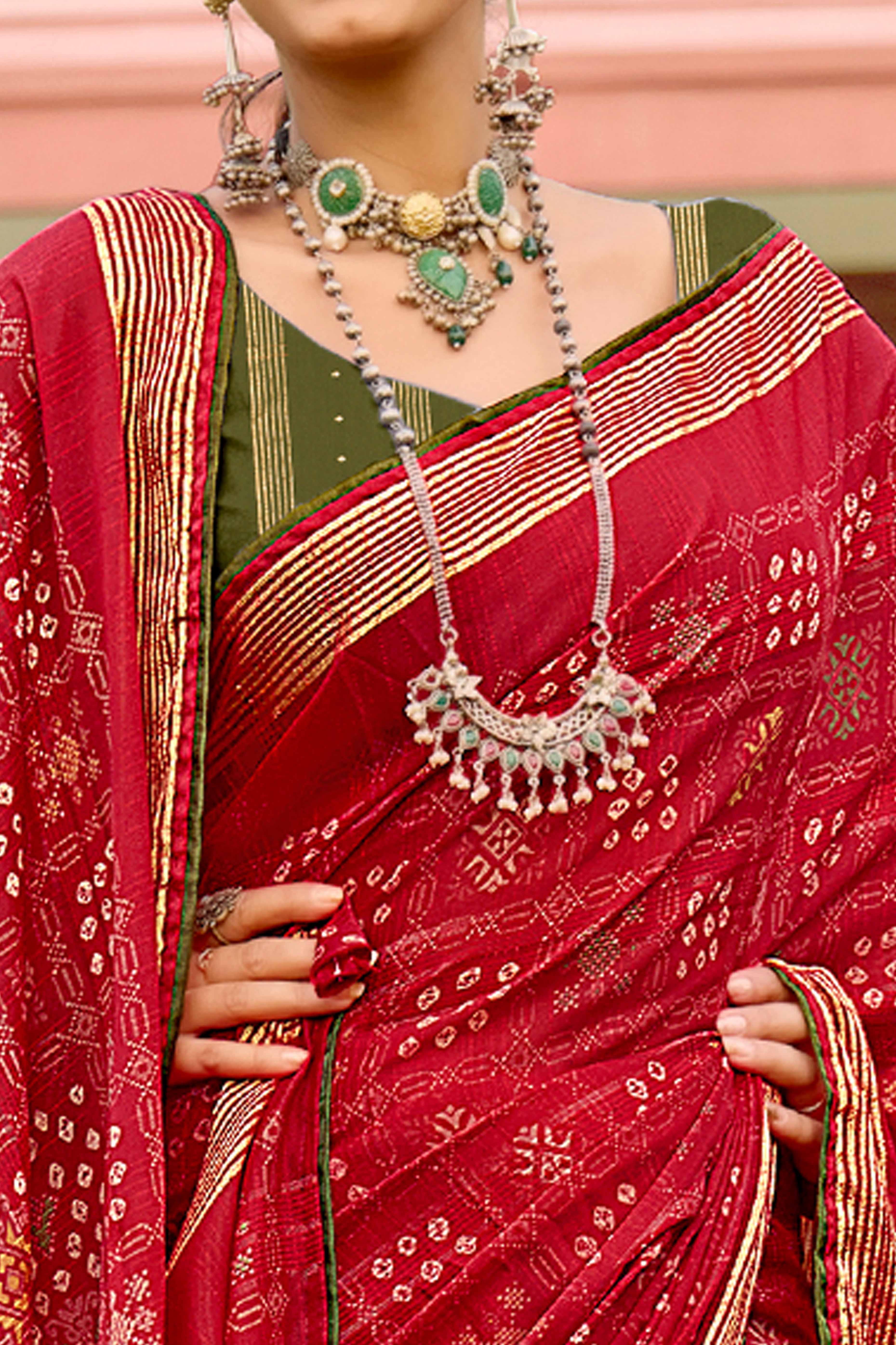 Elegant Red Bandhani Printed Saree in Lightweight Shimmer Chiffon Fabric