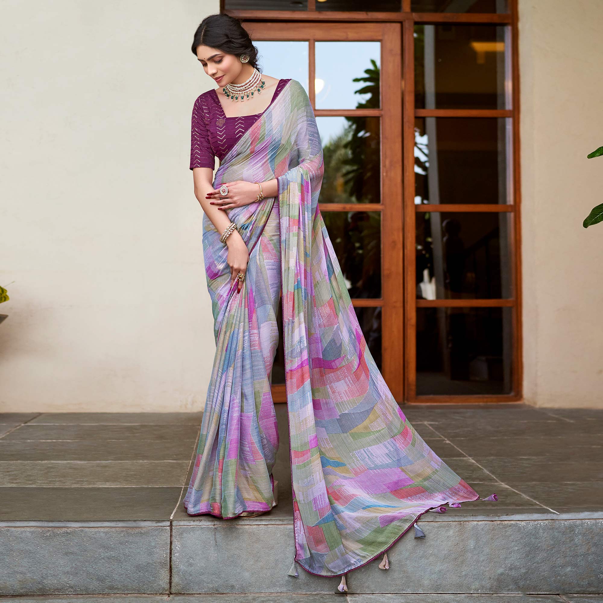 Purple Printed Chiffon Saree With Tassels