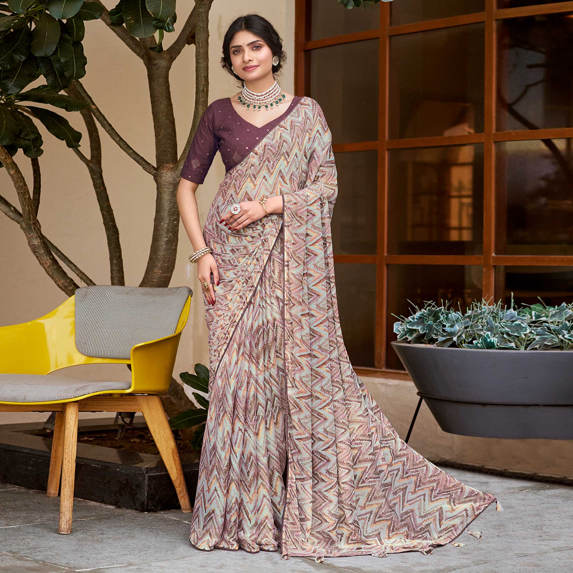 Grey Printed Chiffon Saree With Tassels