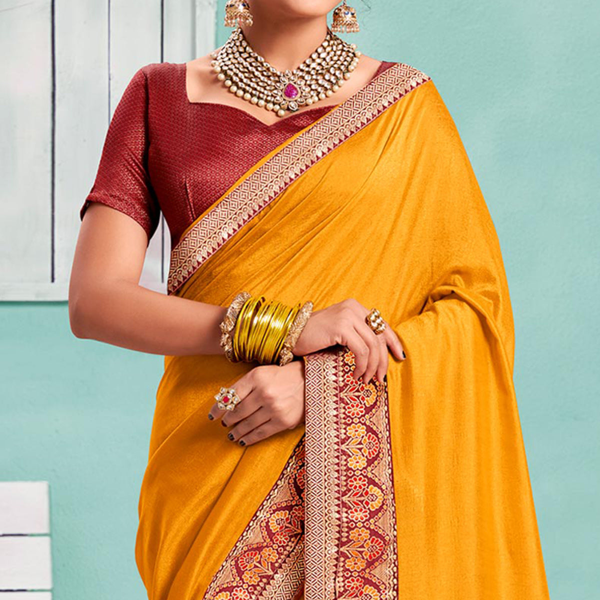 Yellow Solid Vichitra Silk Saree With Zari Border