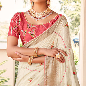 Off white Floral Embroidered Cotton Blend Saree With Tassels
