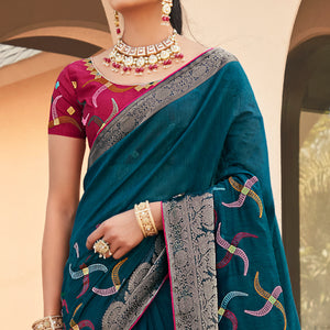 Blue Embroidered Cotton Blend Saree With Tassels