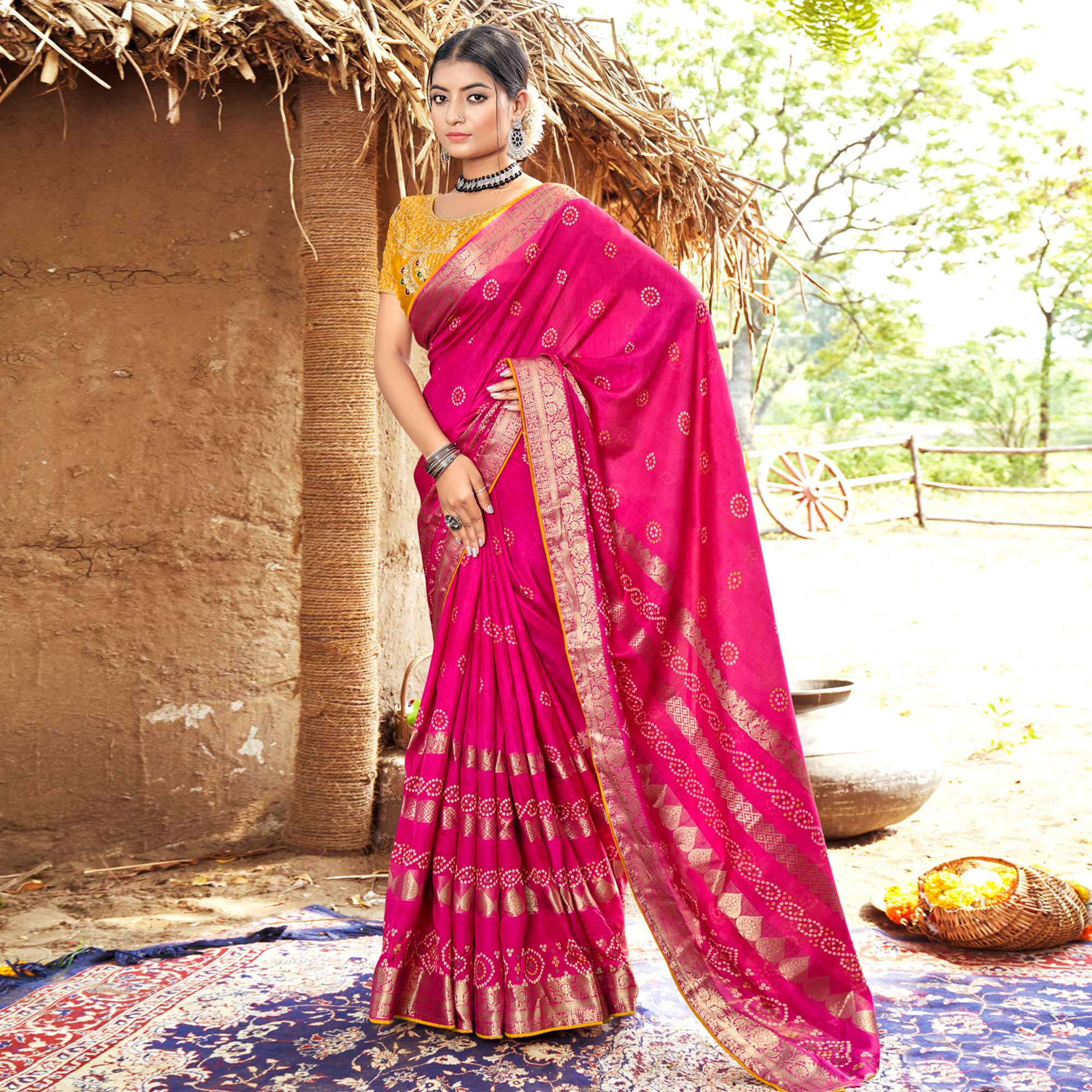 Pink Bandhani Printed Pure Silk Saree
