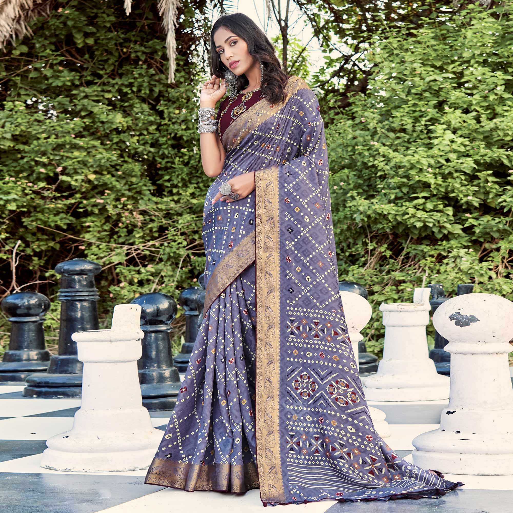 Purple Bandhani Printed Dola Silk Saree