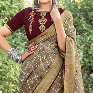 Chikoo Bandhani Printed Dola Silk Saree