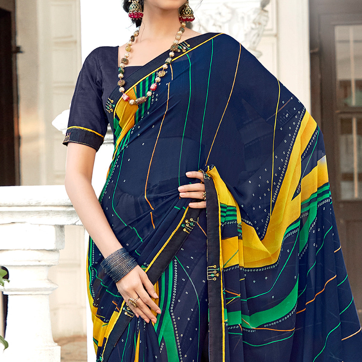 Blue Geometric Printed Georgette Saree With Lace Border
