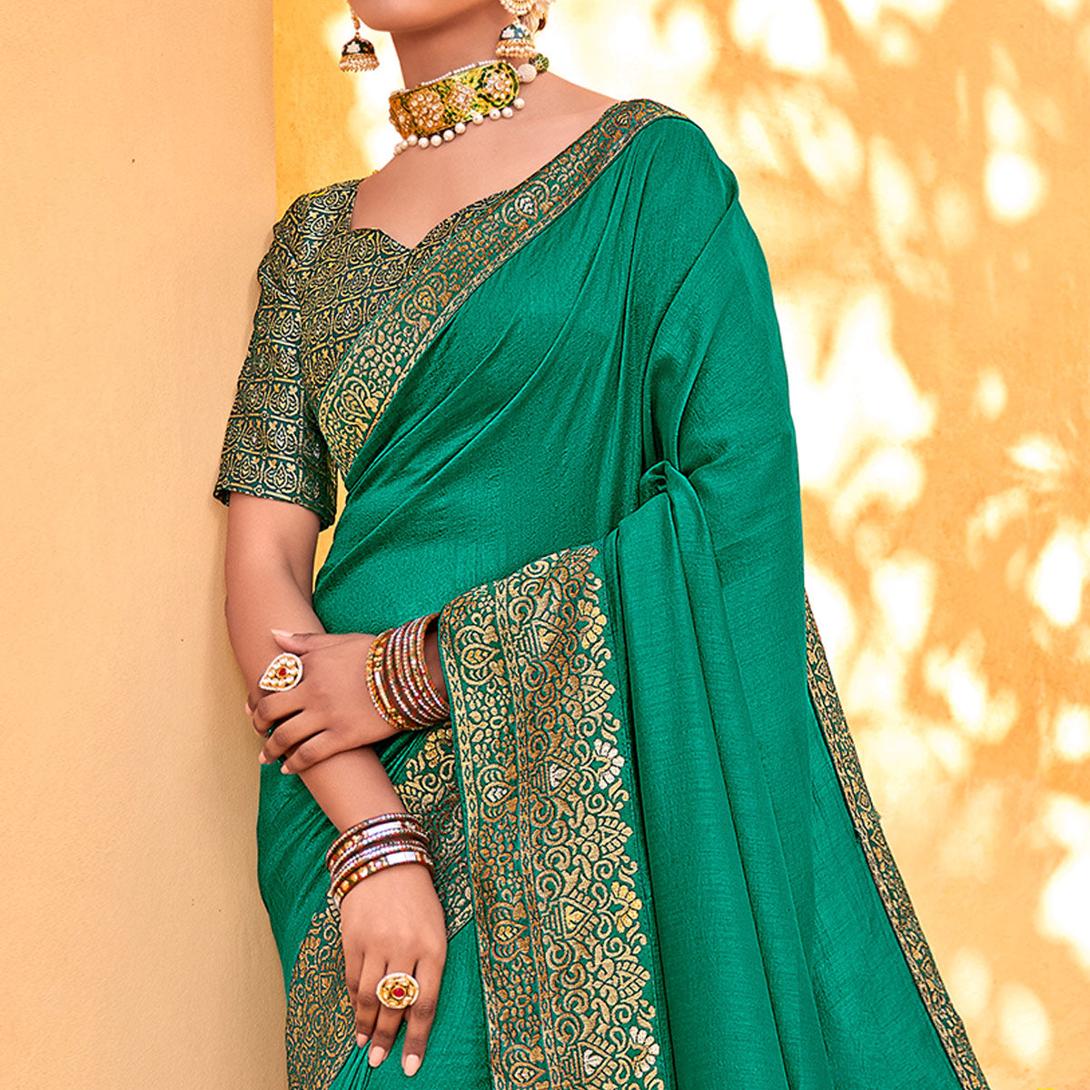 Rama Green Solid With Jacquard Border Vichitra Silk Saree