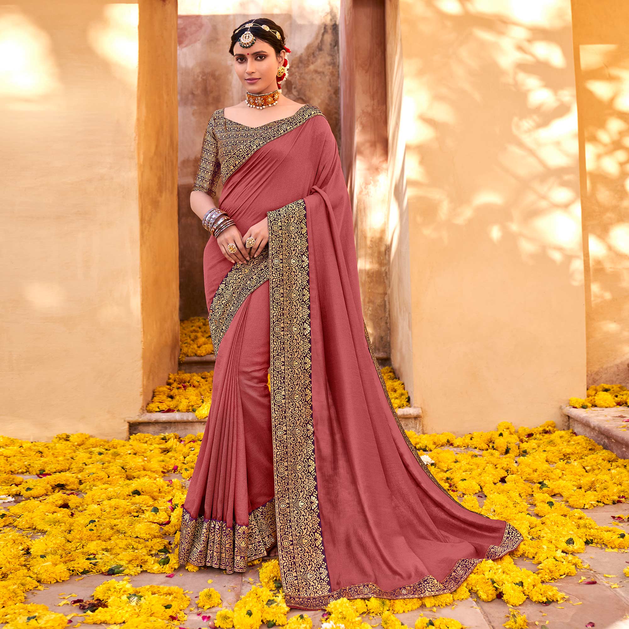 Mauve Solid With Jacquard Border Vichitra Silk Saree