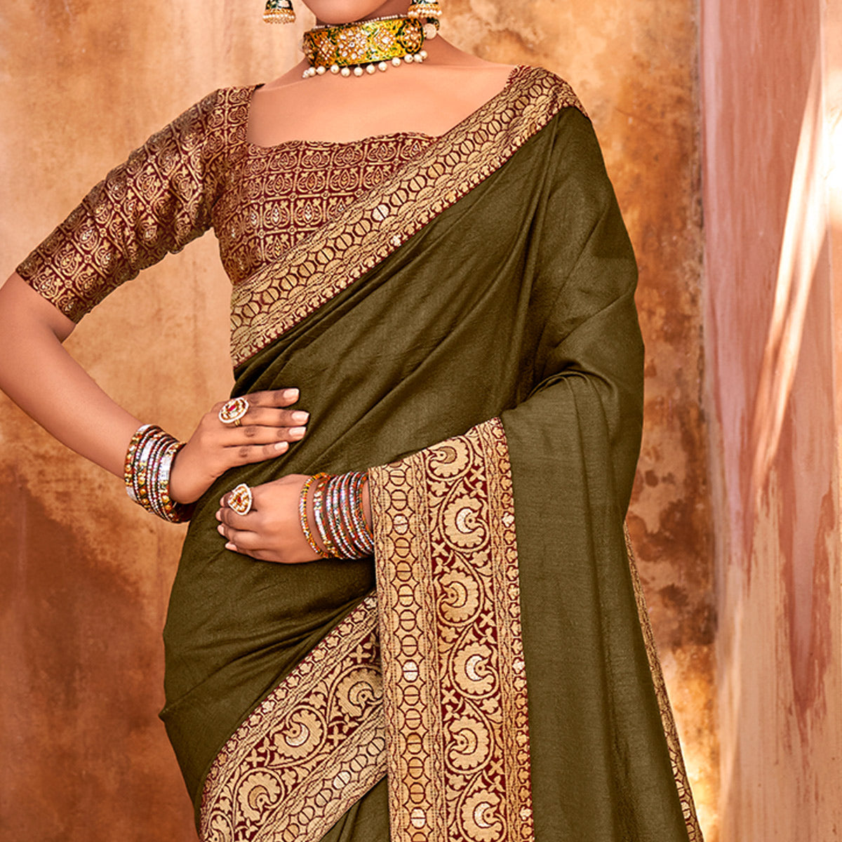 Olive Solid With Jacquard Border Vichitra Silk Saree