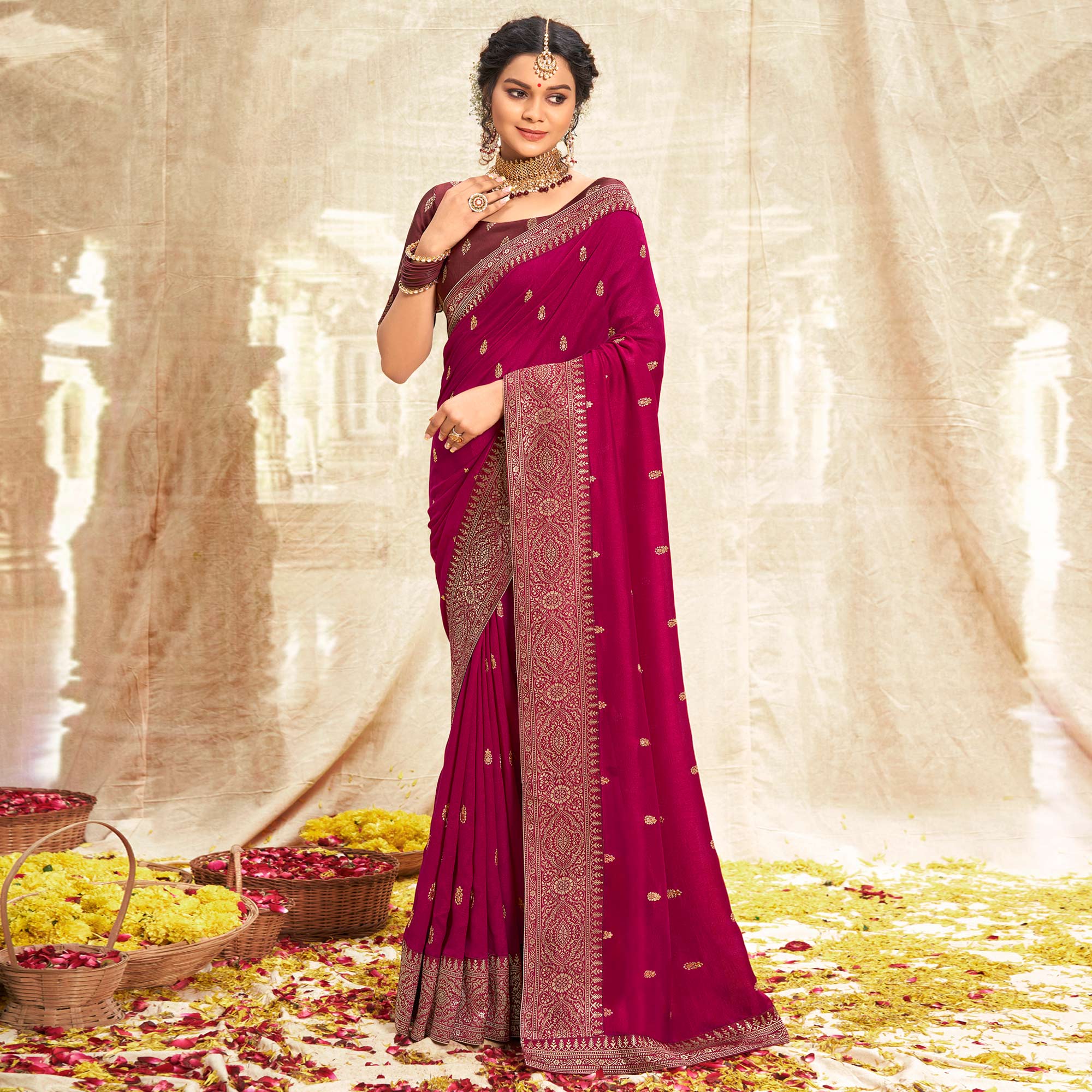 Pink Floral Zari Weaving Vichitra Silk Saree