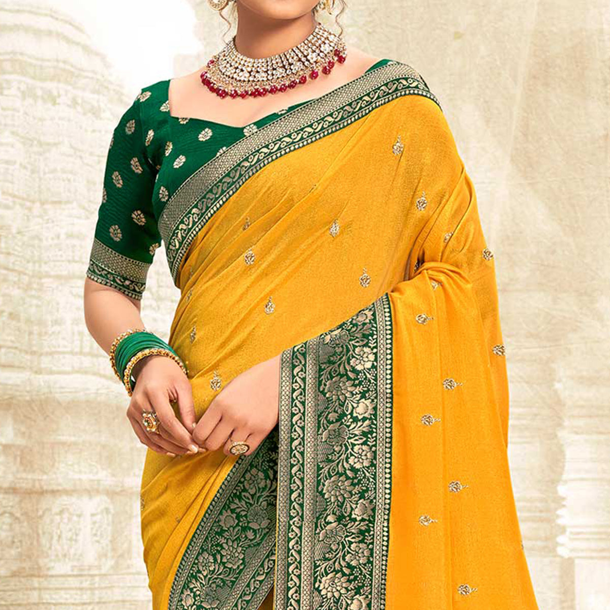 Yellow Floral Zari Weaving Vichitra Silk Saree