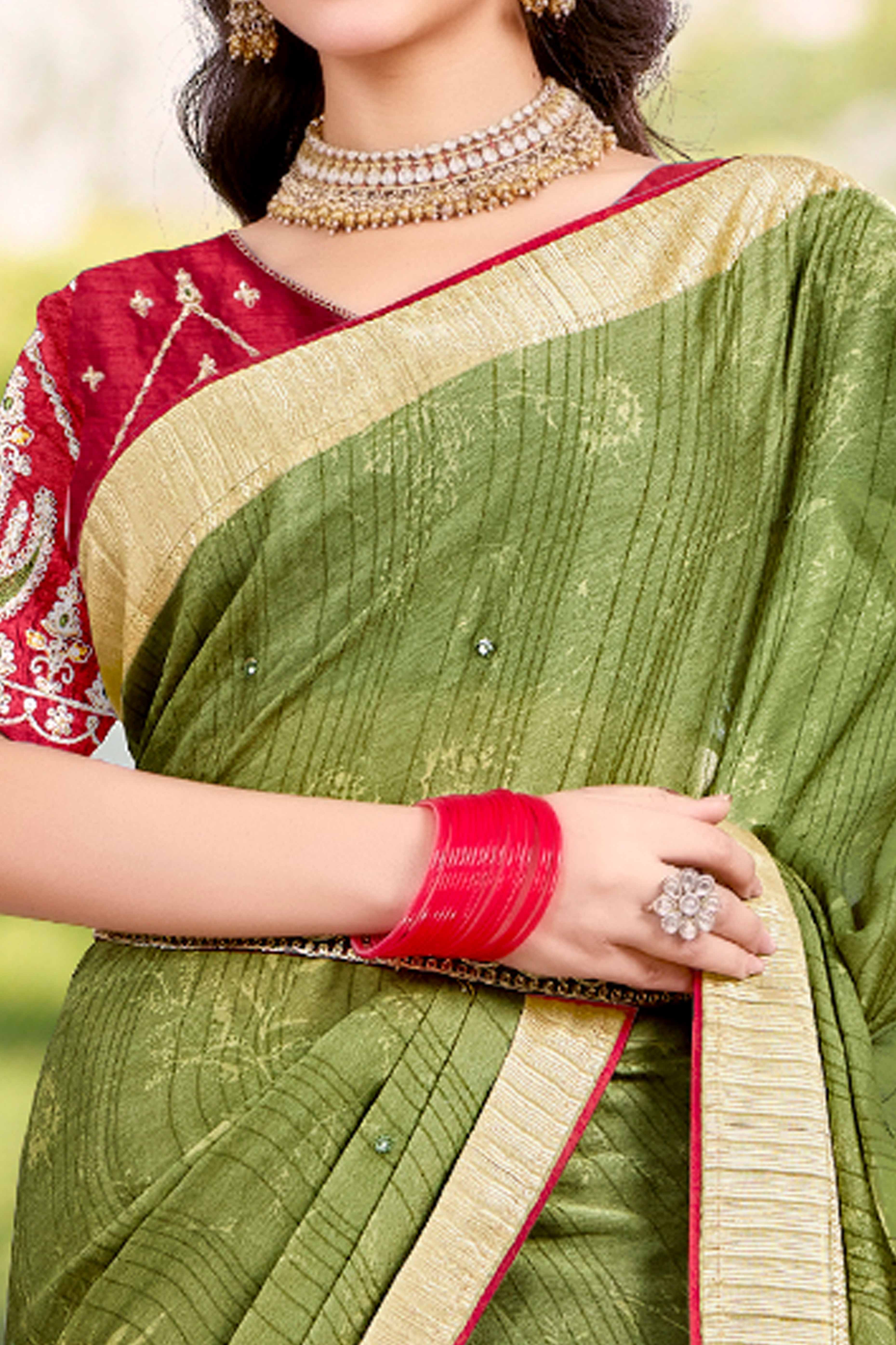 Green Crepe Saree with Exquisite Stone Work and Viscose Border Finish