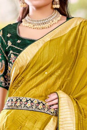 Olive Crepe Saree with Exquisite Stone Work and Viscose Border Finish