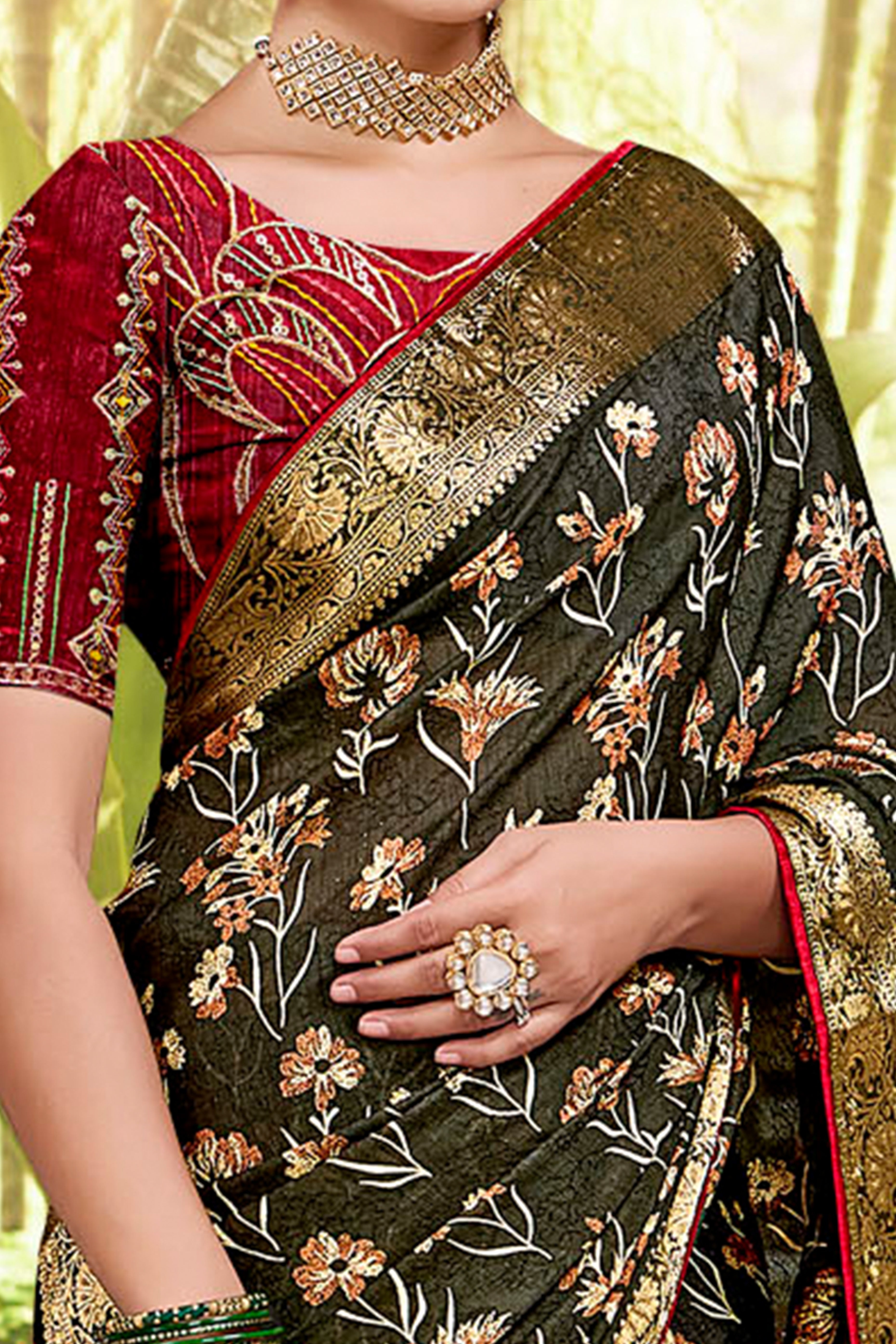Mehendi Green Floral Printed Saree in Jacquard Weave with Zari Detailing