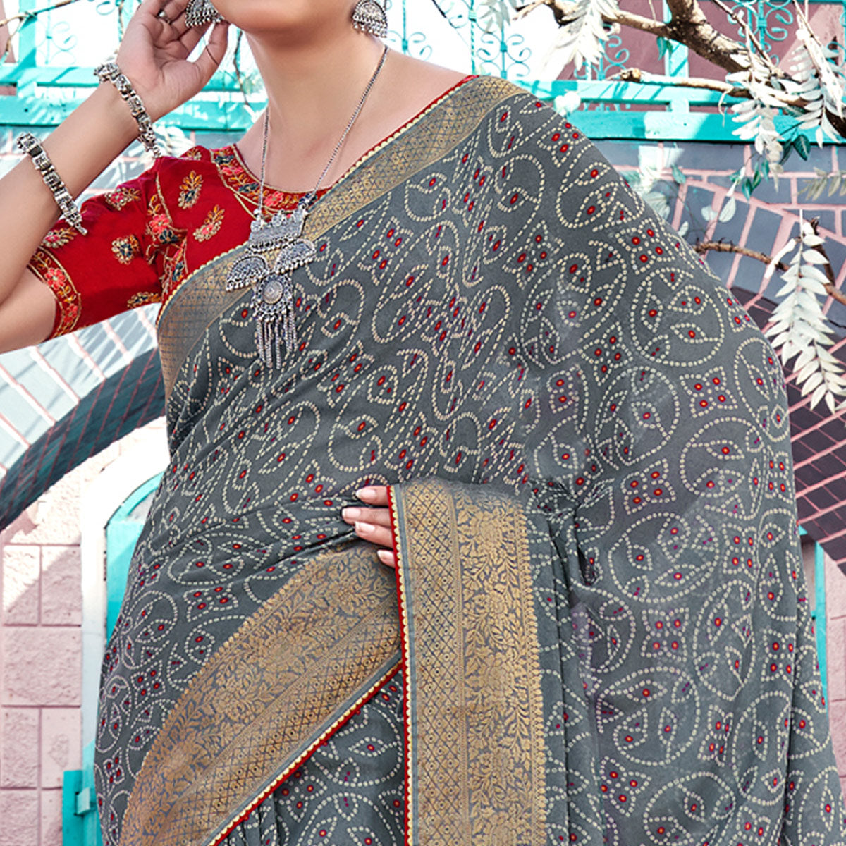 Grey Bandhani Printed Georgette Saree