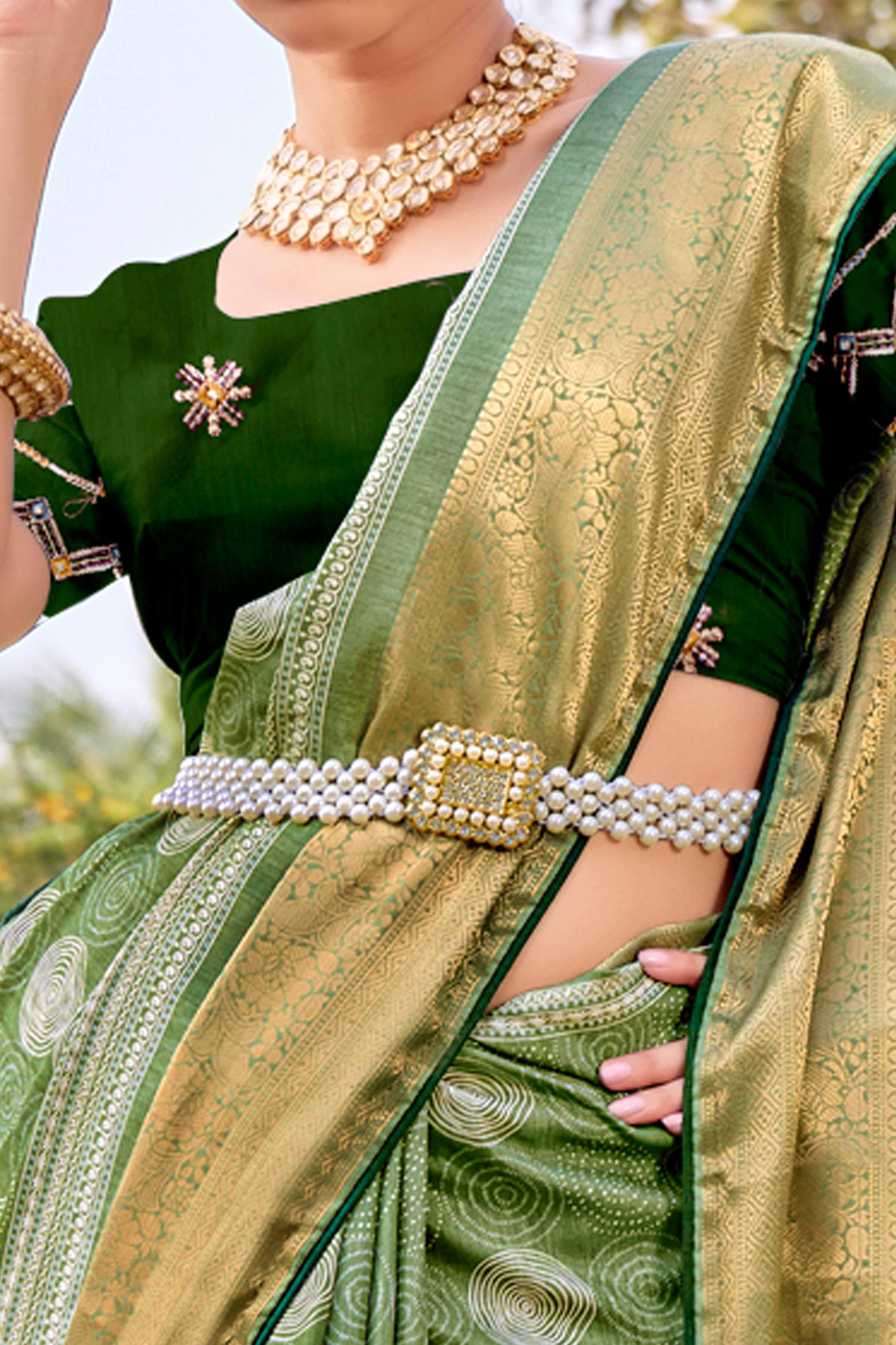 Green Printed Dola Silk Saree With Ornate Zari Border & Tassel Pallu