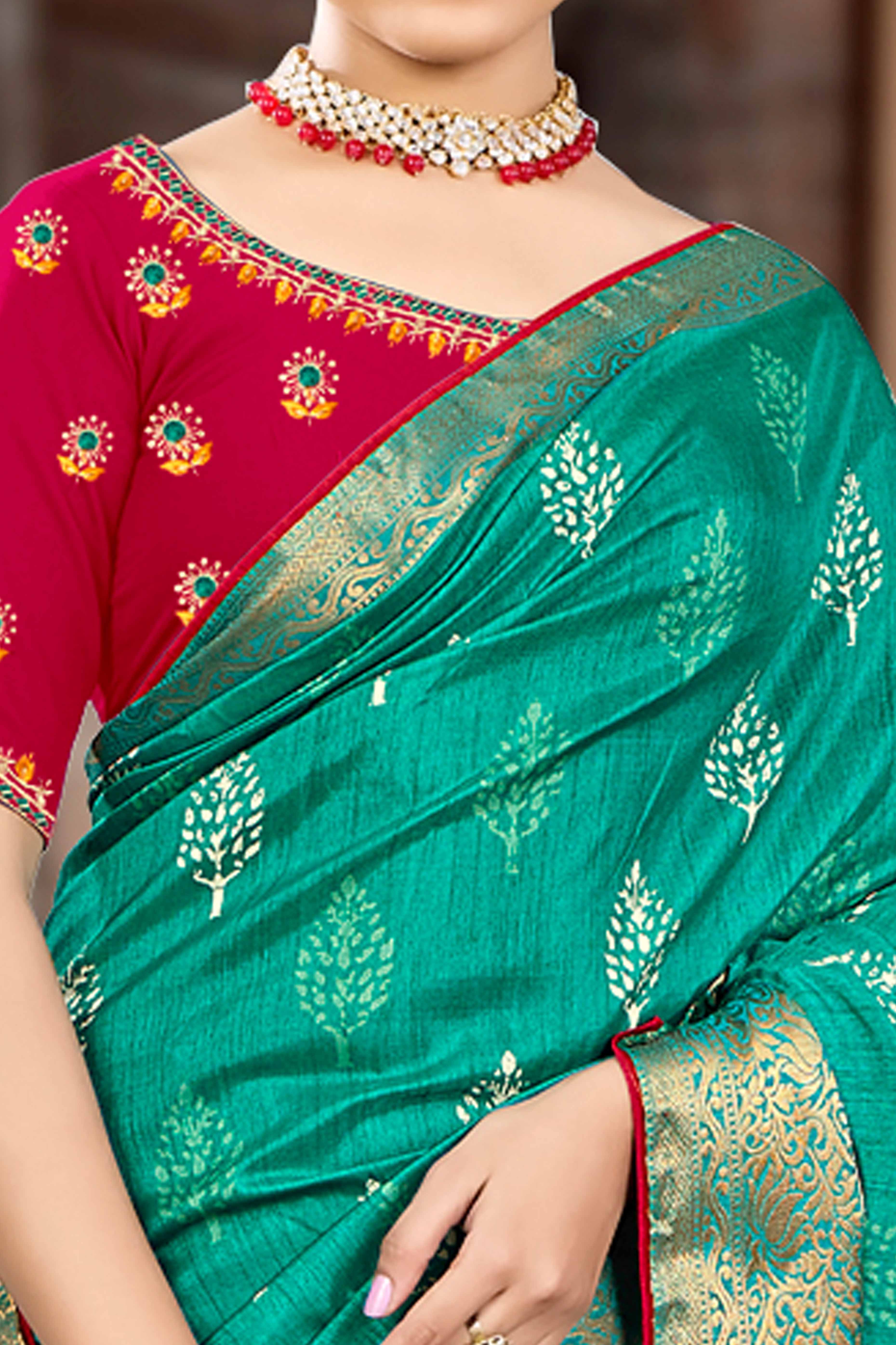 Rama Green Dola Silk Saree Featuring Artistic Print Work & Graceful Tassel Edging