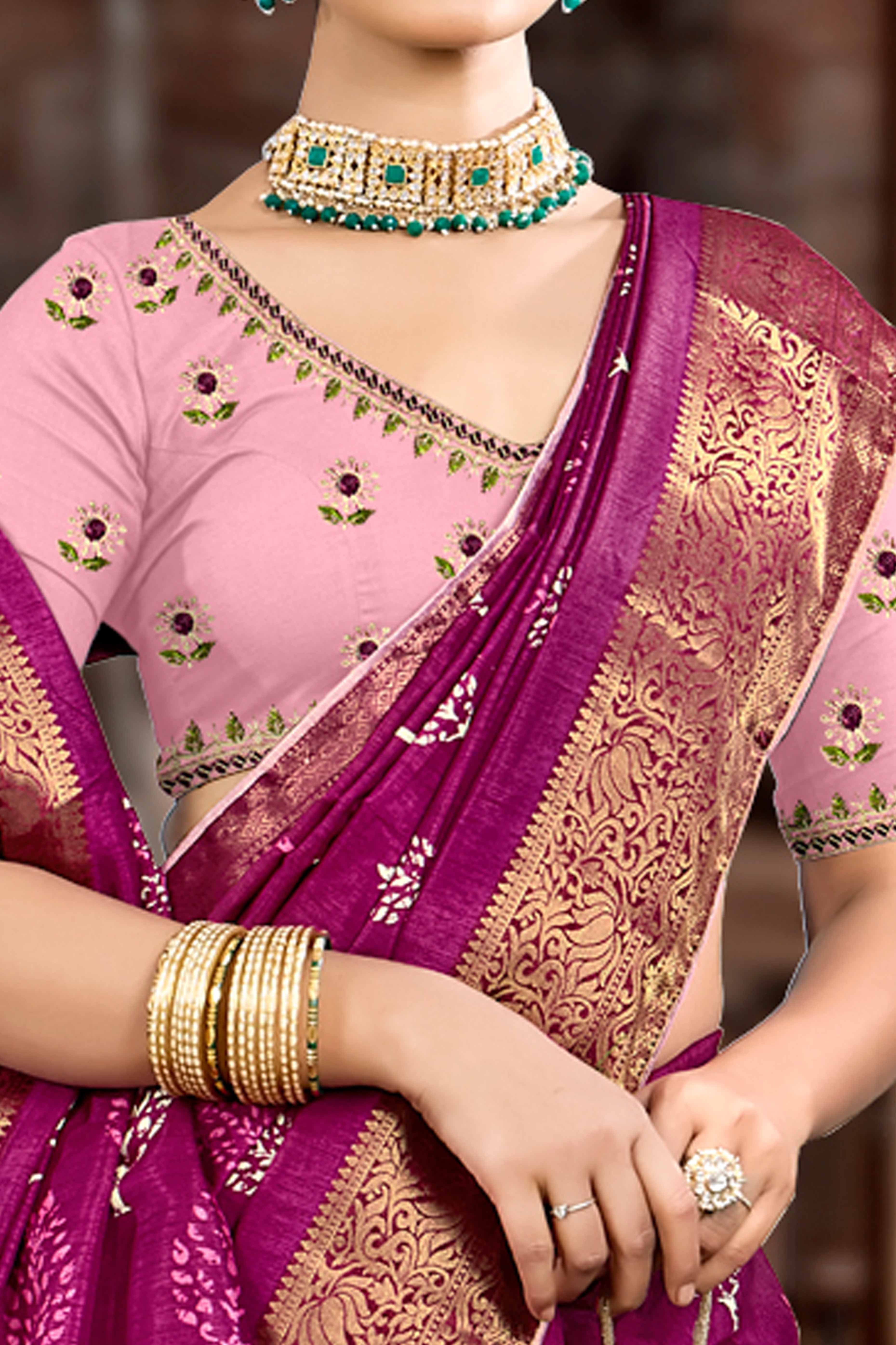 Dark Magenta Dola Silk Saree Featuring Artistic Print Work & Graceful Tassel Edging