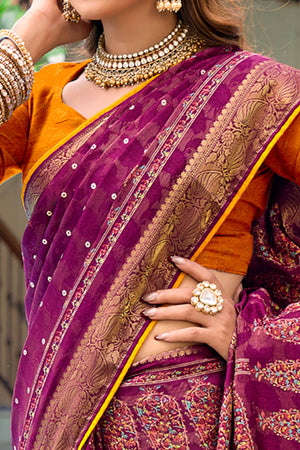 Sophisticated Wine Printed Saree in Woven Moss Jacquard Crepe Fabric