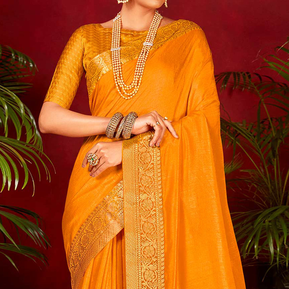 Yellow Solid Vichitra Silk Saree With Woven Border