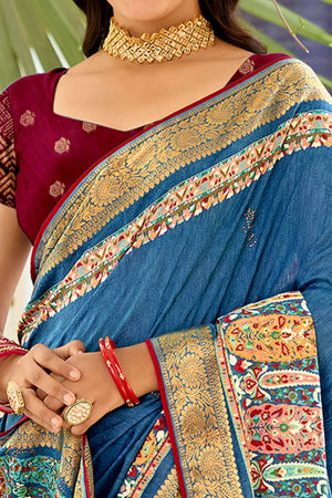 Blue Silk Blend Saree with Paisley Prints and Swarovski Embellishments