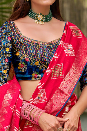 Rani Pink Geometric Pattern Dola Silk Saree with Swarovski Detailing