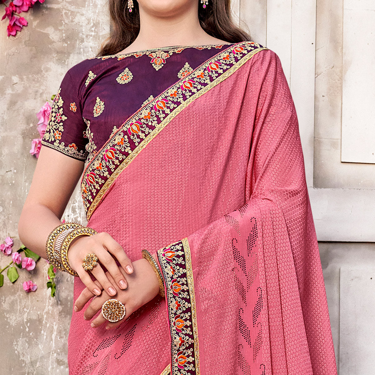 Pink Embroidered Chinon Saree With Swarovski Work