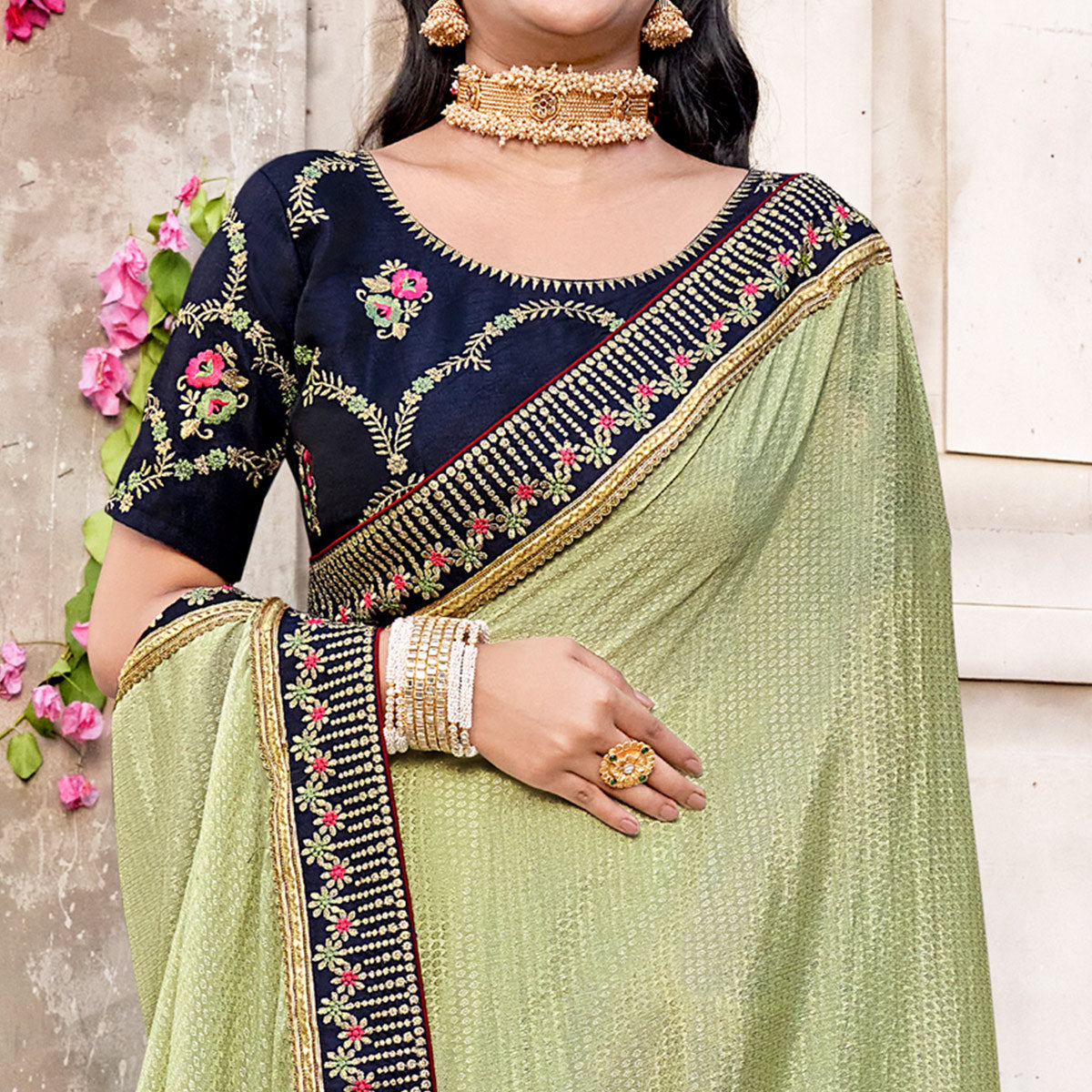 Green Embroidered Chinon Saree With Swarovski Work
