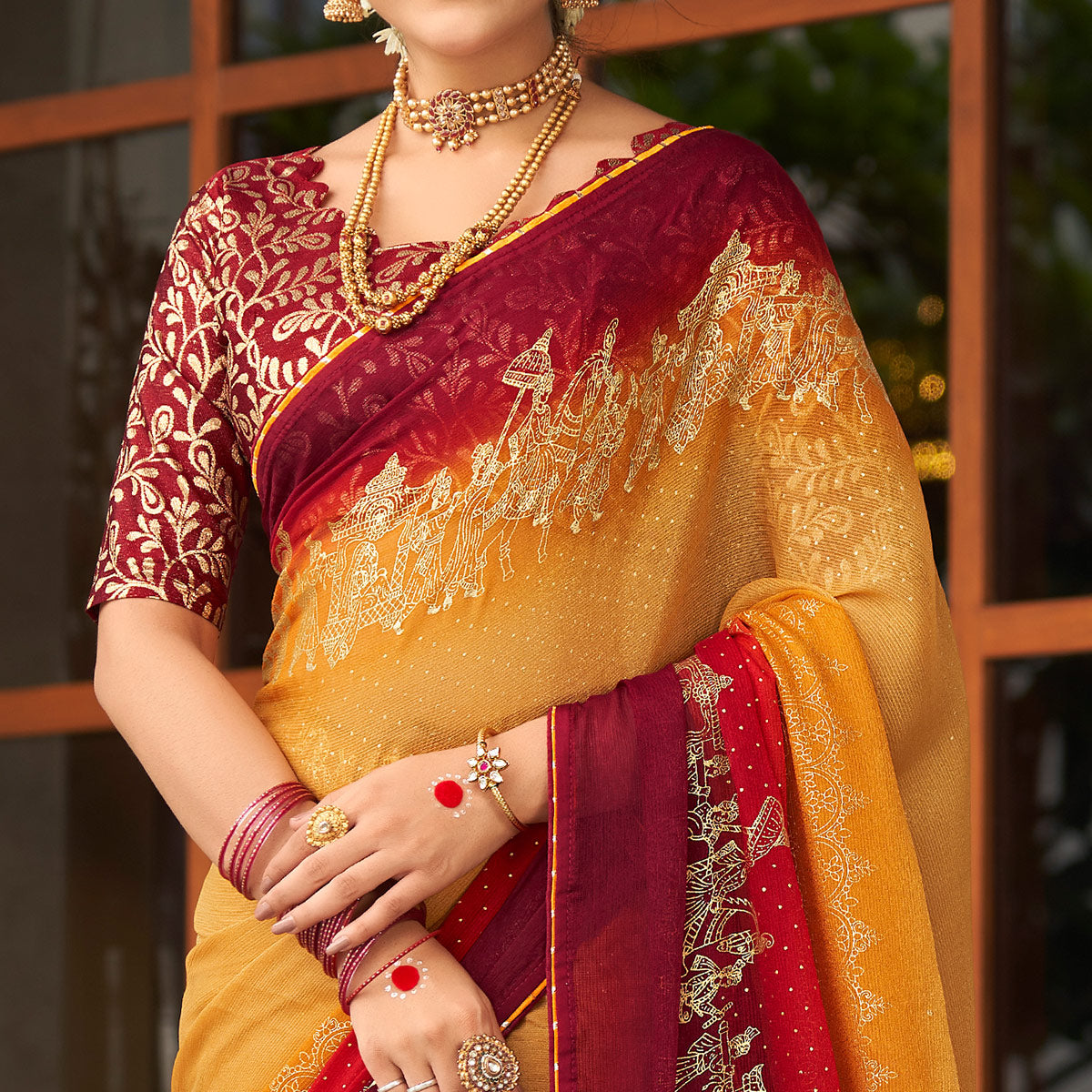 Mustard & Maroon Foil Printed Chiffon Saree