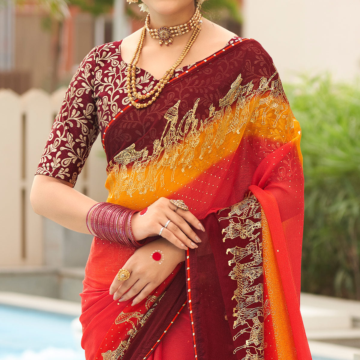 Cherry Red & Maroon Foil Printed Chiffon Saree