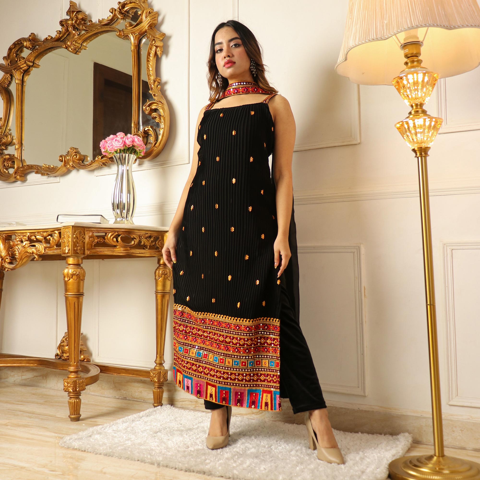 Black Sequins Embroidered Georgette Suit
