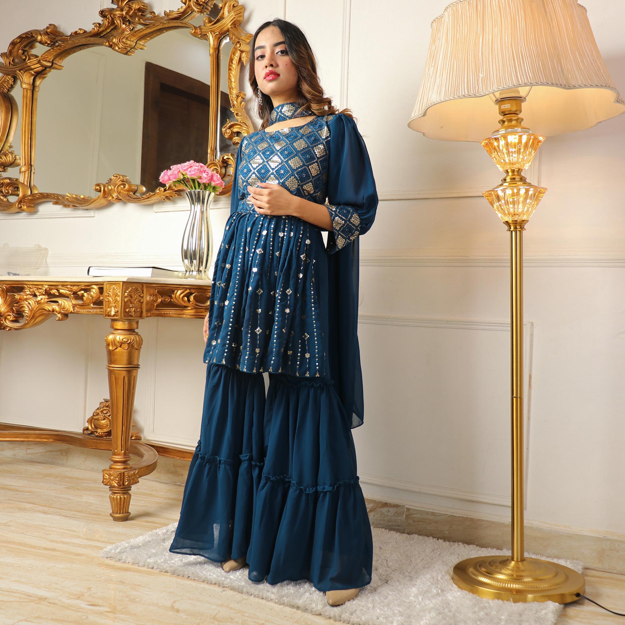 Blue Sequins Embroidered Georgette Sharara Suit