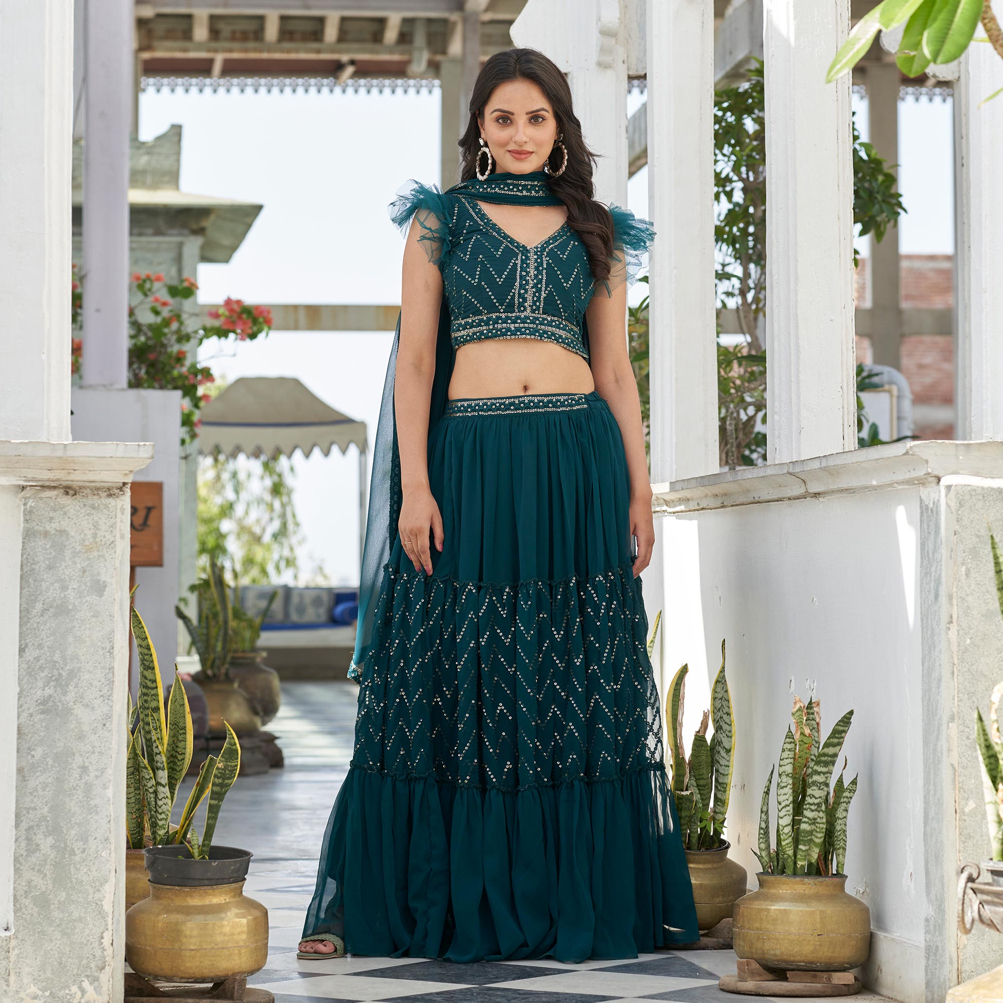 Sea Green Embroidered Georgette Lehenga Choli